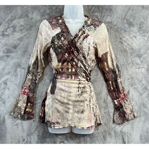 Marc Aurel Vintage Mesh Top Blouse 48 XL Print Wrap Sequins Flare Sleeve Y2K